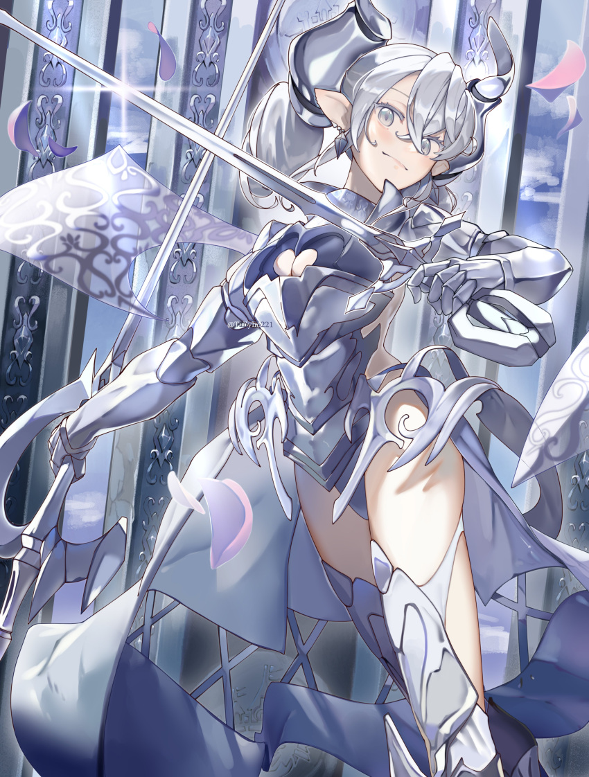 absurdres armor asymmetrical_dual_wielding breastplate cleavage_cutout clothing_cutout demon_girl demon_horns dual_wielding duel_monster feet_out_of_frame female gauntlets greaves grey_eyes grey_hair hair_between_eyes highres holding holding_sword holding_weapon horns lady_labrynth_of_the_silver_castle lovely_labrynth_of_the_silver_castle multiple_weapons pointy_ears sideless_outfit solo sword tallyho221 thighhighs twintails twitter_username weapon yu-gi-oh!