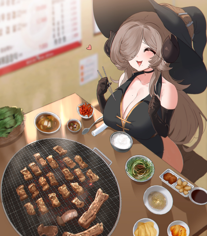 bad_id bad_pixiv_id bare_shoulders black_choker black_gloves black_hat blurry blurry_background blush breasts choker chopsticks cleavage closed_eyes elbow_gloves female food gloves hair_over_one_eye hat hat_belt heart highres horns large_breasts meat oh_(aung_ae) open_mouth original plate smile solo steam table yakiniku