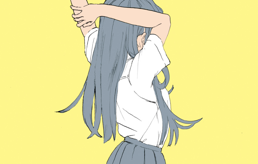 arms_up bare_arms commentary_request female from_behind grey_skirt highres original pleated_skirt school_uniform shiki_haru shirt short_sleeves simple_background skirt solo stretching upper_body white_shirt yellow_background