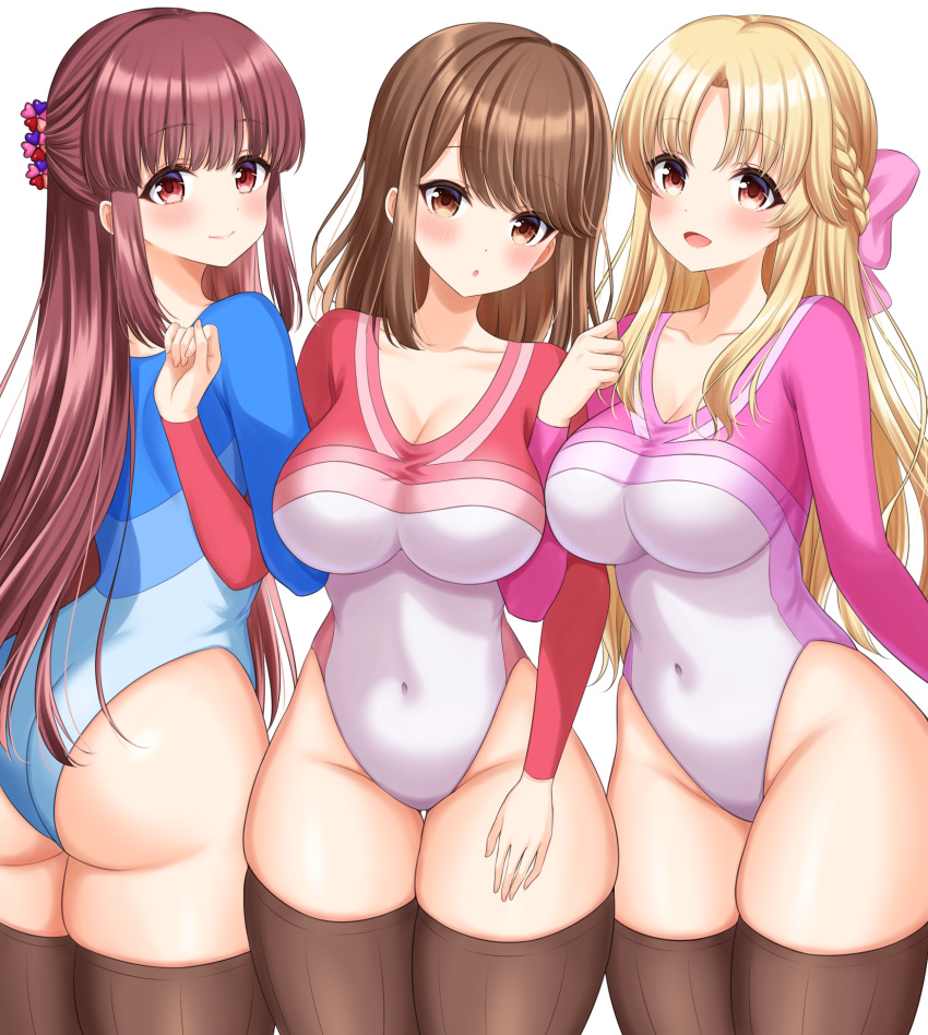 3girls amatsu_kanata athletic_leotard blonde_hair blue_leotard braid breasts brown_eyes brown_hair brown_thighhighs commission covered_navel cowboy_shot girlfriend_(kari) gymnastics hair_ribbon half_updo highres hiiragi_kei large_breasts leotard long_hair long_sleeves multicolored_leotard multiple_girls pink_leotard red_eyes red_leotard ribbon sasahara_nonoka shiina_kokomi short_hair side_braid simple_background skeb_commission thighhighs white_background