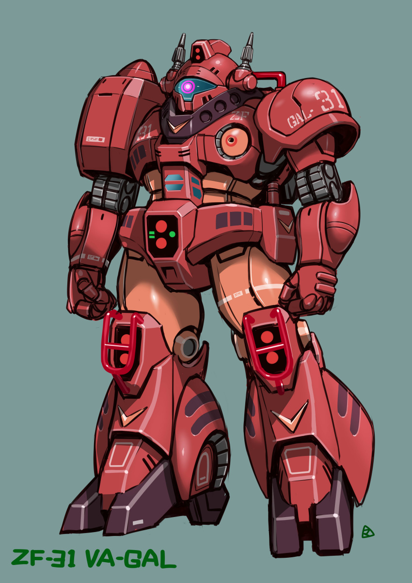 absurdres armor assault_visor character_name clenched_hands commentary_request cyclops energy_cannon glowing glowing_eye highres mecha megaro_zamac mercy_rabbit one-eyed original radio_antenna red_eyes retro_artstyle robot science_fiction sensor shoulder_armor signature simple_background solo zf-31_va-gal