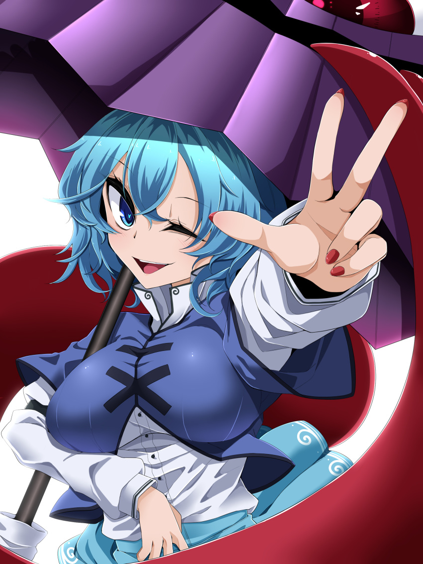 ;d absurdres arm_up blue_eyes blue_hair blue_shirt blue_skirt blush breasts commentary female hair_between_eyes highres large_breasts long_sleeves looking_at_viewer nail_polish one_eye_closed open_mouth purple_umbrella red_nails rihito_(usazukin) shirt simple_background skirt smile solo tatara_kogasa tongue touhou umbrella upper_body w white_background white_shirt