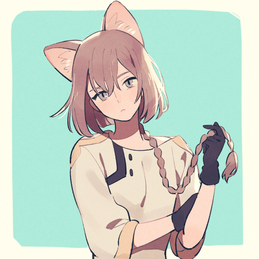 1boy animal_ears black_gloves braid brown_eyes brown_hair cat_ears cat_tail gloves gundam gundam_g_no_reconguista hair_between_eyes highres kemonomimi_mode klim_nick male_focus namihaya single_braid slit_pupils solo tail upper_body