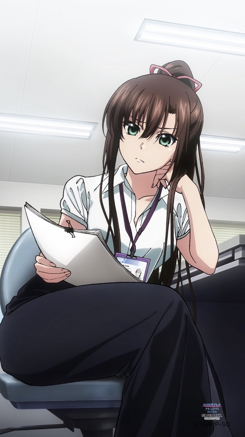 artist_request bad_id bad_twitter_id black_skirt brown_hair chair commentary_request crossed_legs desk female fluorescent_lamp green_eyes hair_ribbon hand_on_own_chin highres id_card indoors kirasaka_sayaka long_hair office office_chair office_lady official_art paper ponytail ribbon shirt sidelocks sitting skirt solo strike_the_blood swivel_chair tsurime v-shaped_eyebrows white_shirt window_blinds