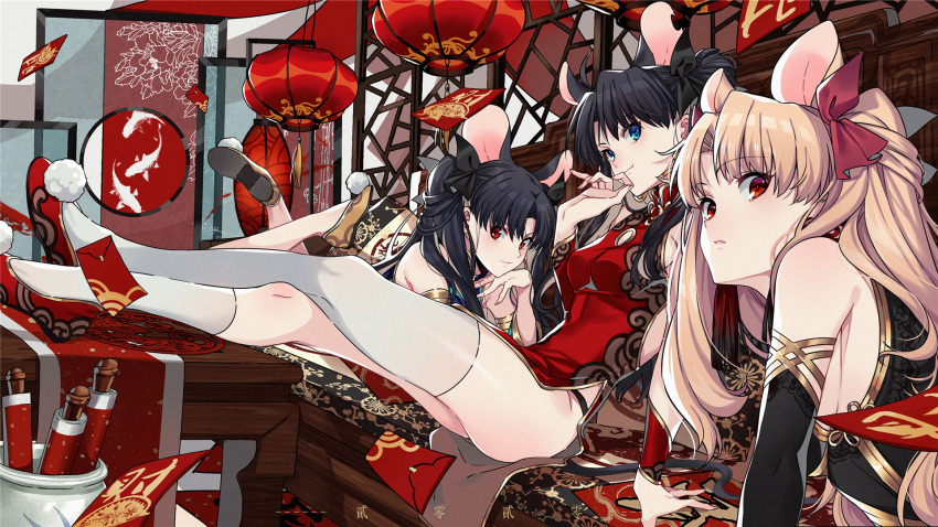 3girls alternate_costume animal_ears ass asymmetrical_legwear bare_shoulders black_gloves black_hair black_panties blonde_hair blue_eyes breasts brown_hair china_dress chinese_clothes commentary crossed_legs dress elbow_gloves envelope ereshkigal_(fate) fate/stay_night fate_(series) floral_print gloves highres hongbao ishtar_(fate) kneehighs lantern long_legs looking_at_viewer lying mouse_ears mouse_tail multiple_girls oerba_yun_fang on_stomach panties peony_print red_eyes smile socks tail thighhighs tohsaka_rin twintails underwear uneven_legwear white_thighhighs yaoshi_jun