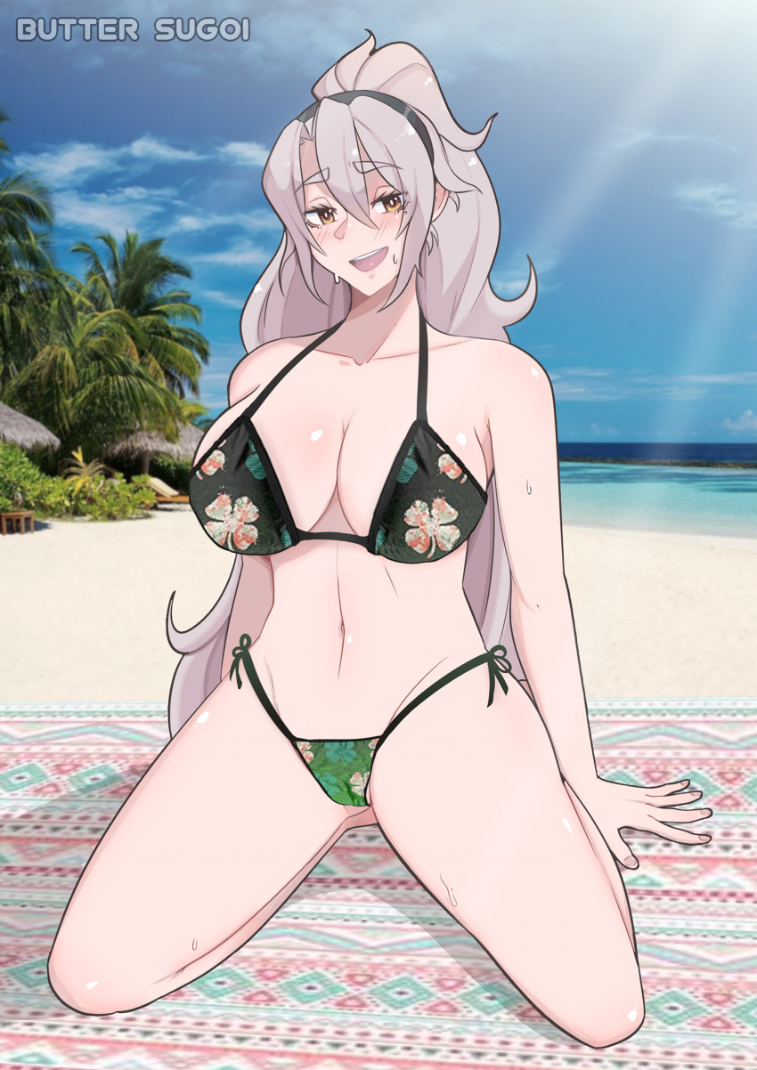 artist_name beach beach_mat bikini black_hairband breasts butter_sugoi clover_print collarbone female full_body grey_hair hairband highres large_breasts long_hair navel ocean original outdoors palm_tree ponytail print_bikini seiza side-tie_bikini_bottom sitting solo sunlight sweat swimsuit tree very_long_hair yellow_eyes