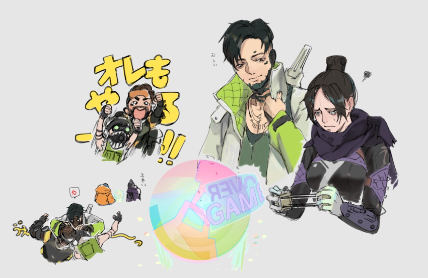 2girls 3boys anger_vein annoyed apex_legends black_bodysuit black_eyes black_hair black_scarf black_shirt bodysuit breasts brown_hair chibi chibi_inset crypto_(apex_legends) goggles goggles_on_head green_vest heads_together highres holding_another's_head hologram hood hooded_jacket jacket jewelry mask medium_breasts mirage_(apex_legends) mouth_mask multiple_boys multiple_girls necklace octane_(apex_legends) orange_jacket playing_games renee_shika_egakan running sad scarf shirt smile speech_bubble spoken_anger_vein squiggle sweat vest wattson_(apex_legends) white_jacket wraith_(apex_legends)