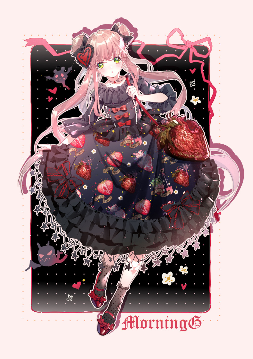 :o absurdres bag black_bow black_dress black_socks bow clothes_writing commentary_request double_bun dress female flower food-themed_bag food_print frilled_dress frilled_sleeves frills full_body green_eyes hair_bun hair_ornament hairbow heart heart_hair_ornament highres holding_strap jewelry lolita_fashion long_hair looking_at_viewer original outline pendant photoshop_(medium) pink_hair pink_ribbon print_dress red_bow red_footwear ribbon short_sleeves shoulder_bag socks solo star_(symbol) strawberry_bag strawberry_print twintails very_long_hair white_outline yuzhi