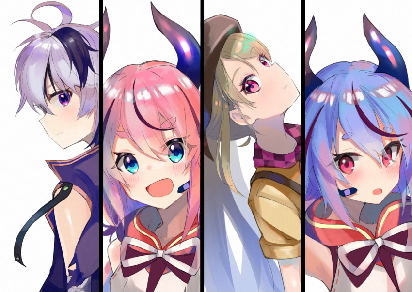 2girls 2others androgynous ascot bandaged_arm bandages beret blue_eyes blue_hair blush checkered_ascot checkered_clothes closed_mouth column_lineup commentary_request company_connection expressionless flower_(vocaloid) flower_(vocaloid4) from_side green_hair hat head_tilt headset horns jacket japanese_clothes long_hair looking_at_viewer meika_hime meika_mikoto microphone multicolored_hair multiple_girls multiple_others neck_ribbon note55885 open_mouth pink_hair purple_eyes purple_hair purple_jacket red_eyes ribbon shirt short_hair sleeveless sleeveless_jacket smile streaked_hair vocaloid white_background white_hair xin_hua xin_hua_(vocaloid4)_(japanese) yellow_shirt