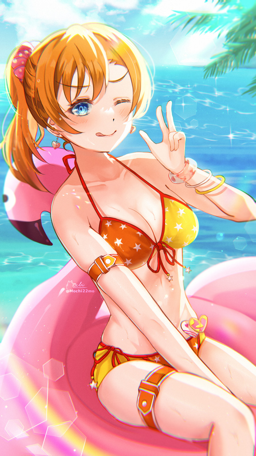 absurdres alternate_hairstyle arm_strap bikini birthday blue_eyes blue_sky blush bracelet breasts cleavage cloud cloudy_sky collarbone commentary day earrings female heart heart_earrings high_ponytail highres innertube jewelry kosaka_honoka looking_at_viewer love_live! love_live!_school_idol_project medium_breasts medium_hair mochi_tsu22 ocean one_eye_closed orange_hair sidelocks signature sitting sky solo summer swim_ring swimsuit thigh_strap tongue tongue_out twitter_username