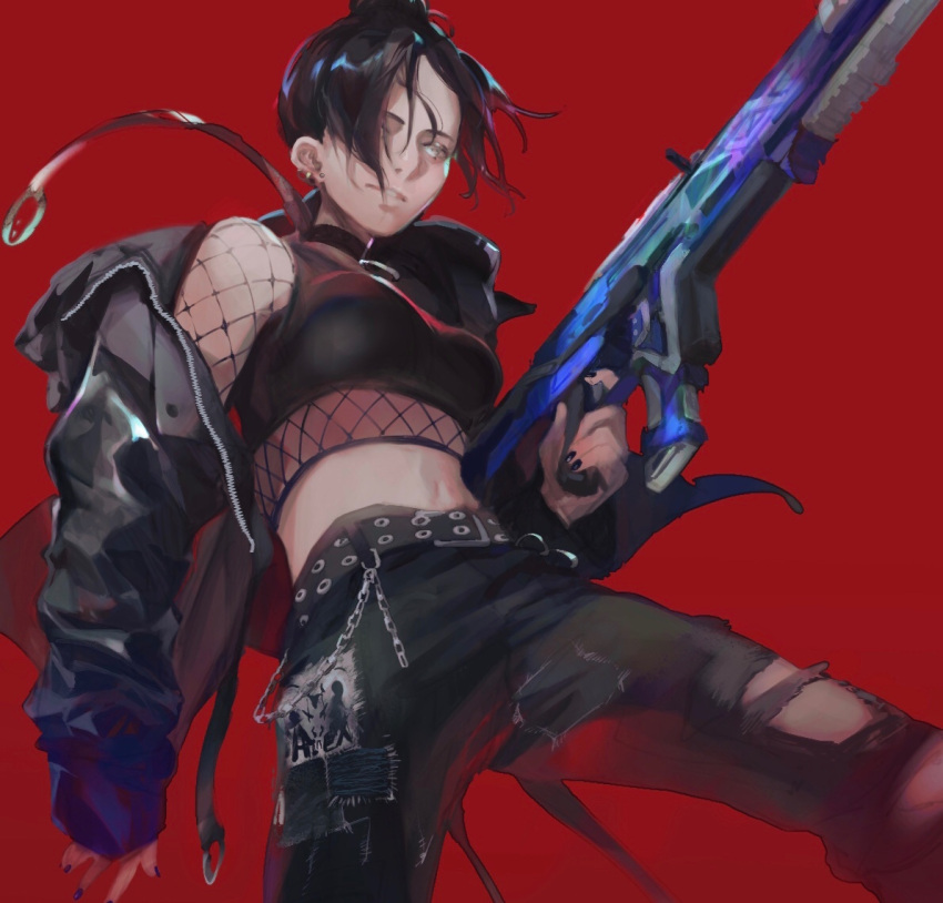 alternate_costume apex_legends assault_rifle belt black_belt black_hair black_jacket black_pants black_shirt blue_eyes breasts crop_top female floating_hair from_below gun hair_behind_ear hair_bun hair_over_one_eye holding holding_gun holding_weapon jacket looking_at_viewer looking_down medium_breasts off_shoulder one_eye_covered pants parted_bangs parted_lips r-301_carbine red_background renee_shika_egakan rifle shirt single_hair_bun sleeveless sleeveless_shirt smile solo torn_clothes torn_pants weapon wraith_(apex_legends)