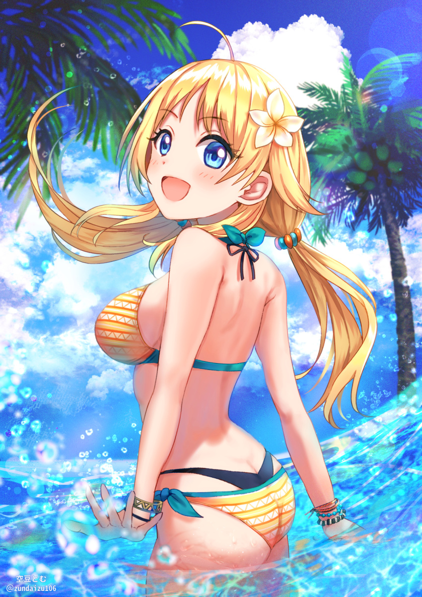 :d ahoge artist_name ass back bikini black_bikini blonde_hair blue_eyes blue_sky bracelet breasts cloud cloudy_sky commentary cowboy_shot day dutch_angle female flower hachimiya_meguru hair_flower hair_ornament hair_tie halterneck highres idolmaster idolmaster_shiny_colors jewelry layered_bikini lens_flare long_hair looking_at_viewer looking_back low_twintails medium_breasts ocean open_mouth outdoors palm_tree print_bikini side-tie_bikini_bottom sky smile solo soramame_tomu splashing standing swimsuit tree twintails twitter_username wading water_drop wind yellow_bikini yellow_flower