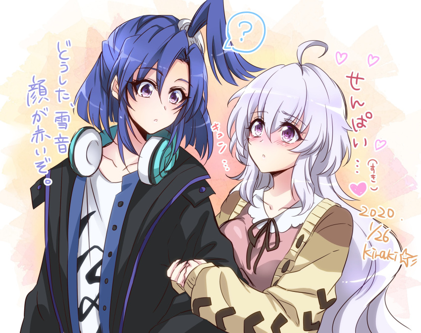 2girls ? ahoge alternate_hairstyle artist_name black_jacket blue_hair blush breasts collarbone commentary_request dated eye_contact hair_down hair_ornament headphones headphones_around_neck heart highres jacket kazanari_tsubasa kazanari_tsubasa_(another) kiraki large_breasts light_purple_hair long_hair looking_at_another multiple_girls one_side_up purple_eyes ribbon senki_zesshou_symphogear senki_zesshou_symphogear_xd_unlimited sleeves_past_wrists spoken_question_mark star_(symbol) sweater translation_request yukine_chris yukine_chris_(another) yuri