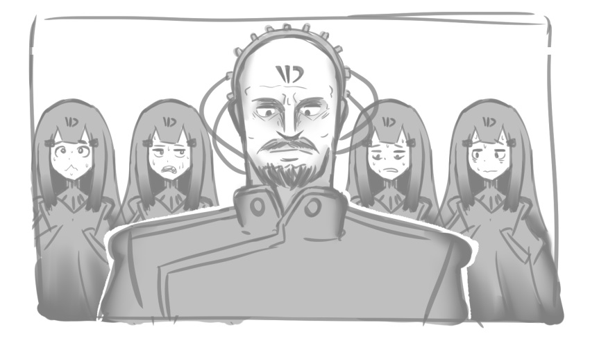 1boy 4girls bad_id bad_twitter_id bald beard command_&_conquer command_&_conquer:_red_alert_2 crossover english_commentary facial_hair girls'_frontline greyscale headgear inactive_account military military_uniform monochrome moustache multiple_girls nyto_(generic)_(girls'_frontline) nyto_(girls'_frontline) paradeus scared serjatronic sweat uniform yuri_(c&c)