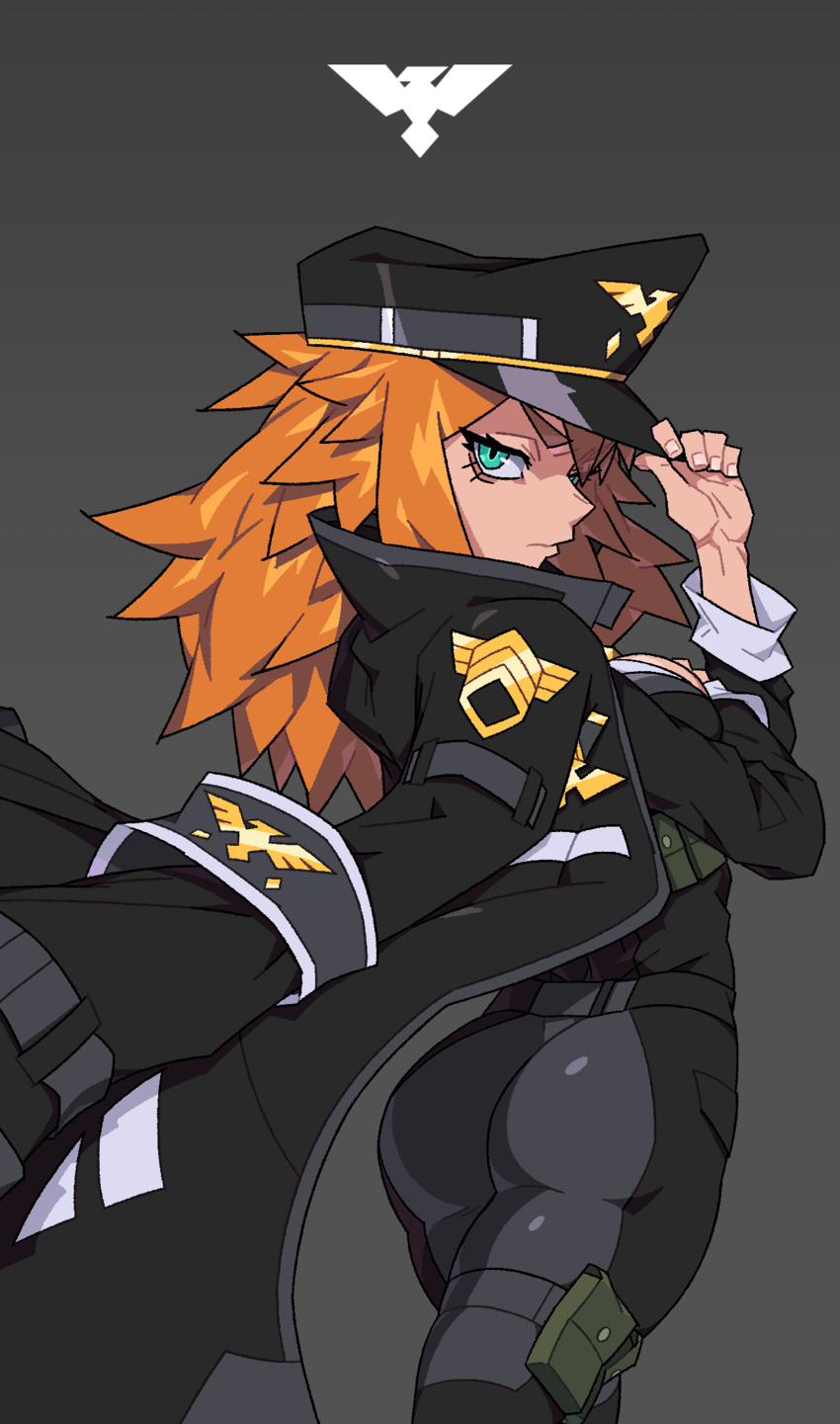 aniwars armband ass black_armband black_coat black_hat blitz_(aniwars) coat coat_on_shoulders female green_eyes hat highres long_hair looking_back military military_rank_insignia military_uniform orange_hair peaked_cap ponaners solo uniform