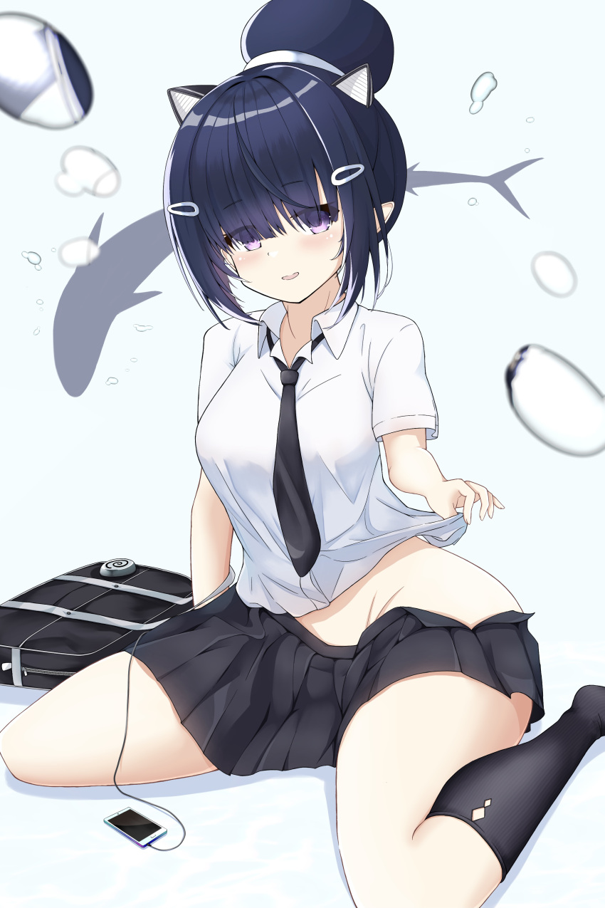 absurdres animal_ears azur_lane bad_proportions bag black_necktie black_skirt black_socks breasts cien_(shikanokuni) clothes_lift collared_shirt commentary_request digital_media_player fake_animal_ears female hair_bun hair_over_eyes highres i-56_(azur_lane) i-56_(wallflower_in_the_corner)_(azur_lane) ipod lifting_own_clothes looking_at_viewer medium_breasts miniskirt necktie no_panties open_mouth pleated_skirt pointy_ears purple_eyes school_bag school_uniform shark shirt shirt_lift short_sleeves silhouette single_hair_bun sitting skirt smile socks solo wariza white_shirt