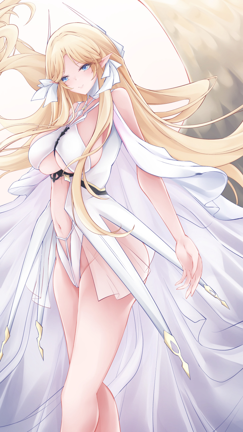 absurdres angel_wings azur_lane bare_shoulders barefoot blonde_hair blue_eyes breasts brest_(azur_lane) dress female hair_ribbon highres large_breasts long_hair navel osatou_(soul_of_sugar) pointy_ears revealing_clothes ribbon see-through see-through_skirt showgirl_skirt skirt solo thighs very_long_hair white_dress white_ribbon wings