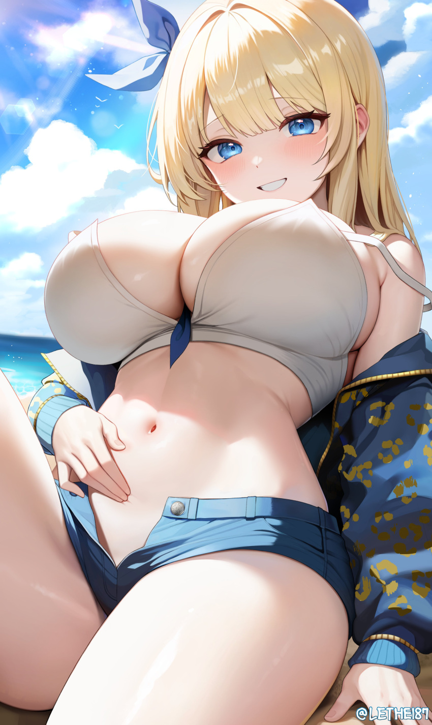 absurdres bad_id bad_twitter_id bare_shoulders between_breasts blonde_hair blue_eyes blue_jacket blue_shorts breasts camisole cankofi's_character cleavage commentary commission crop_top day dungeon_and_fighter female grin hair_ribbon hand_on_own_stomach highres jacket knee_up large_breasts leg_up lethe_(lethe187) long_hair long_sleeves looking_at_viewer micro_shorts midriff navel necktie necktie_between_breasts no_panties off_shoulder open_clothes open_fly open_jacket original outdoors ribbon shirt shorts sitting sleeveless sleeveless_shirt smile solo spaghetti_strap stomach strap_slip symbol-only_commentary thighs white_shirt