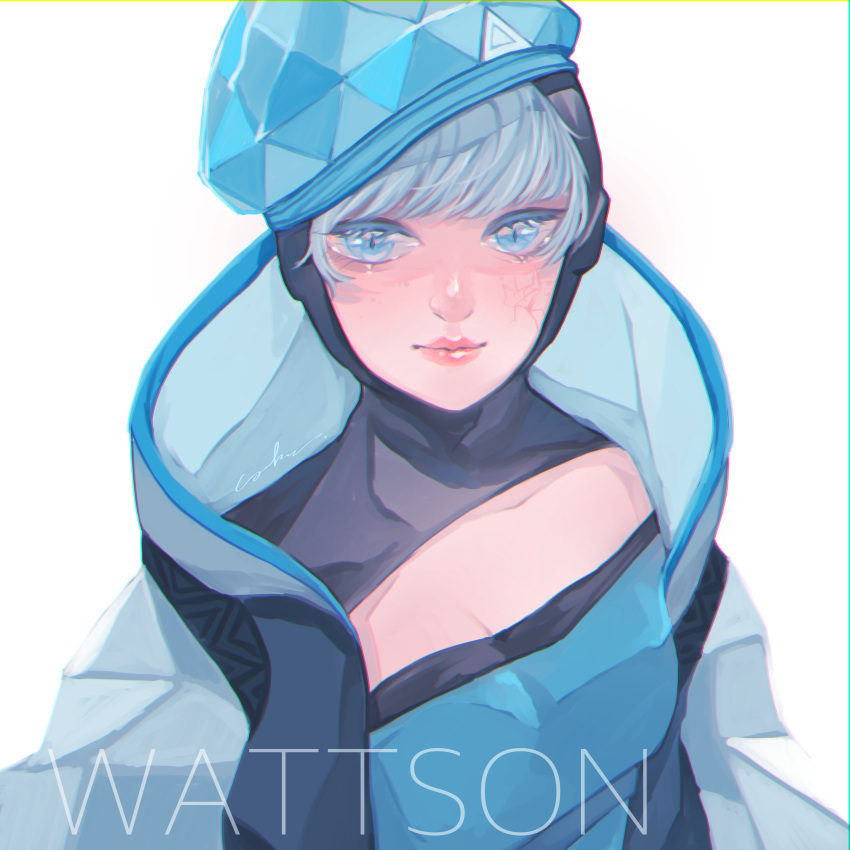 absurdres animification apex_legends beret blue_bodysuit blue_hair blue_hat blue_jacket bodysuit breasts character_name cleavage cleavage_cutout clothing_cutout expressionless female hat haute_drop_wattson highres hood hooded_jacket jacket official_alternate_costume small_breasts solo wattson_(apex_legends) white_background yuzu_castella