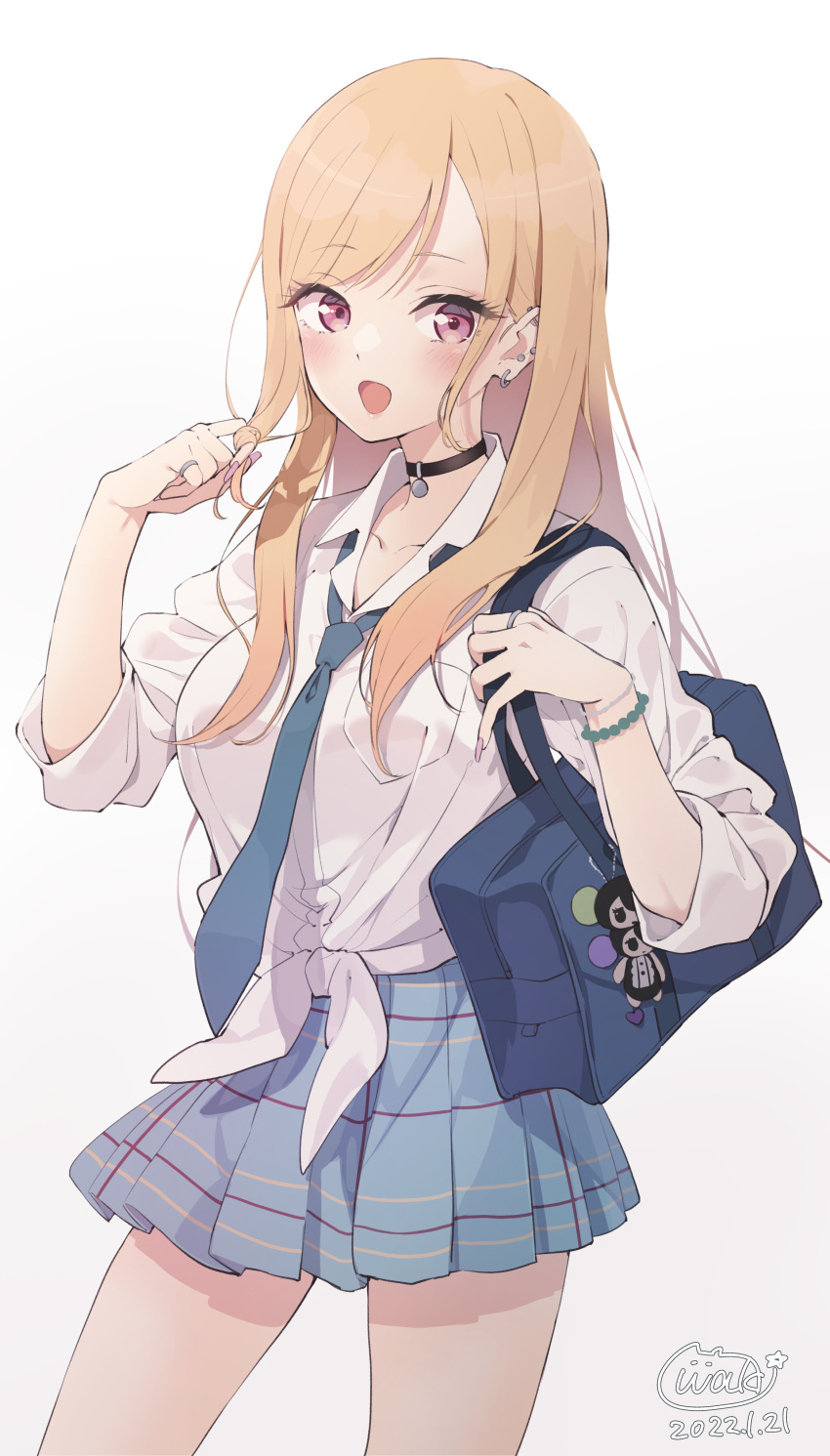 :d absurdres bag barbell_piercing black_choker blonde_hair blue_necktie blue_skirt blush breasts choker collarbone collared_shirt commentary dated dress_shirt ear_piercing earrings female front-tie_top gradient_background grey_background hand_up highres jewelry kitagawa_marin long_hair long_sleeves looking_at_viewer medium_breasts necktie neki_(wakiko) nikaidou_shion open_mouth piercing pleated_skirt red_eyes school_bag school_uniform shirt signature skirt smile solo sono_bisque_doll_wa_koi_wo_suru swept_bangs white_background white_shirt