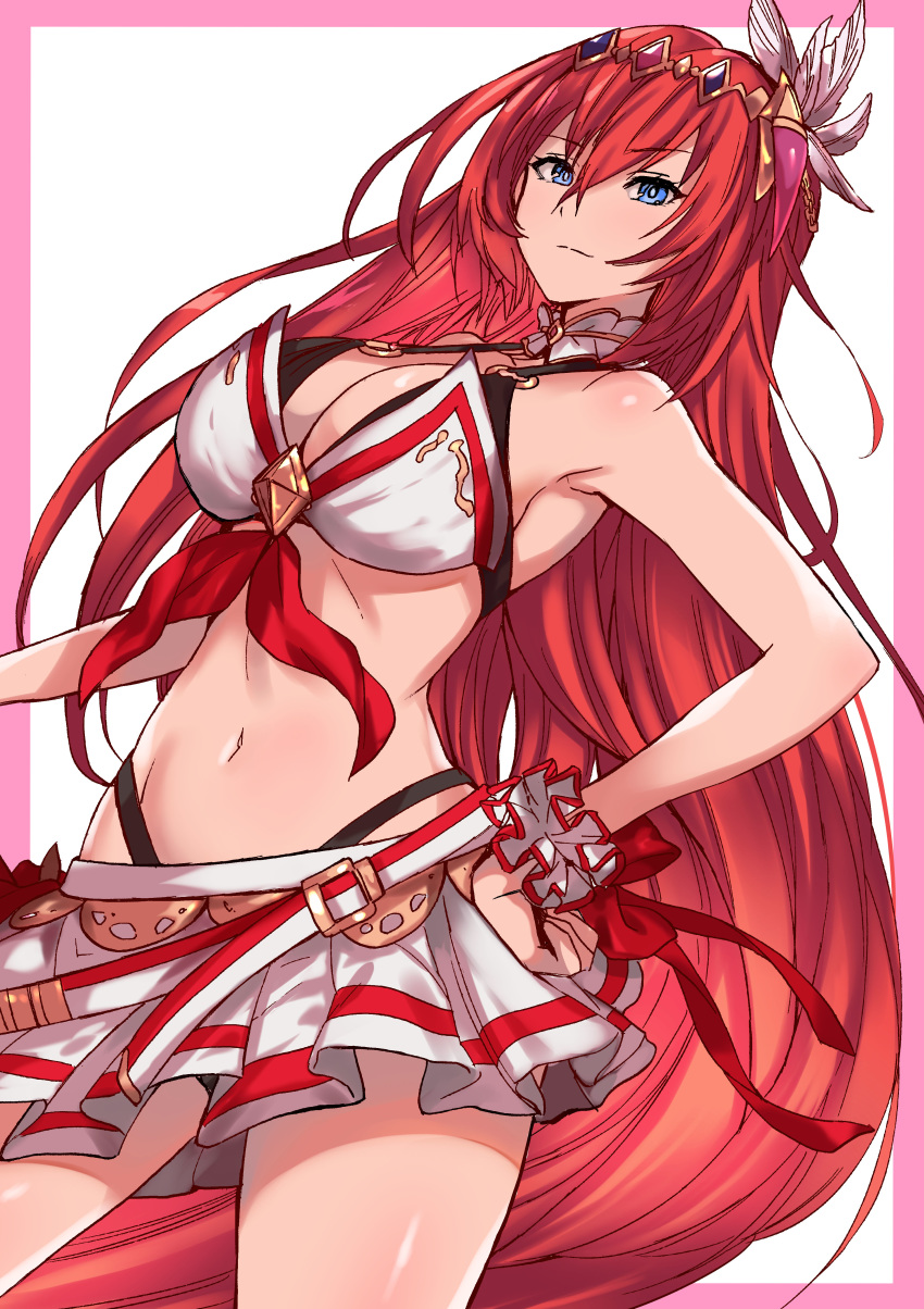 absurdres alexiel_(summer)_(granblue_fantasy) bare_shoulders belt bikini black_bikini blue_eyes border breasts cleavage closed_mouth collarbone detached_collar feather_hair_ornament feathers female godsworn_alexiel granblue_fantasy hair_between_eyes hair_ornament hand_on_own_hip highleg highleg_bikini highres large_breasts layered_bikini long_hair looking_at_viewer miniskirt navel pink_border pukara red_hair skirt solo swimsuit thighs very_long_hair white_background white_bikini