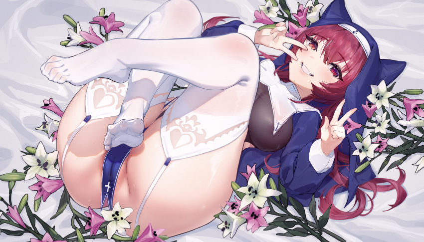 absurdres areola_slip ass blush breasts cameltoe crossed_legs double_v feet female flower garter_straps grin habit hair_between_eyes heterochromia highres hololive houshou_marine houshou_marine_(nun) lace-trimmed_legwear lace_trim large_breasts leotard long_hair looking_at_viewer lying no_bra no_panties no_shoes nox13 nun on_back pelvic_curtain pussy pussy_peek red_eyes red_hair see-through see-through_leotard smile soles solo spread_toes swept_bangs teeth thick_thighs thighhighs thighs toes v virtual_youtuber yellow_eyes