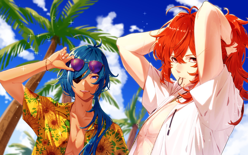 2boys absurdres alternate_costume blue_eyes blue_hair blue_sky blurry blurry_background bracelet cloud commentary_request dark-skinned_male dark_skin day diluc_(genshin_impact) eyepatch eyewear_on_head floral_print fuka_(hk_nemo) genshin_impact hair_between_eyes hair_tie_in_mouth hawaiian_shirt highres jewelry kaeya_(genshin_impact) looking_at_viewer mouth_hold multiple_boys necklace open_clothes open_mouth open_shirt outdoors palm_tree ponytail red_eyes scar scar_on_arm scar_on_hand shirt short_sleeves sky smile sparkle sunglasses teeth tree tying_hair upper_body upper_teeth_only white_shirt yellow_shirt