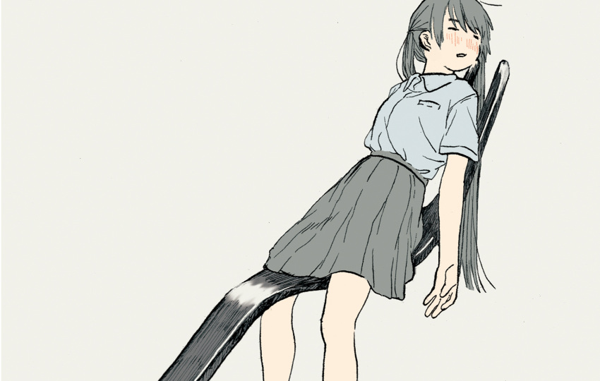 bare_legs blue_shirt blush closed_eyes collared_shirt commentary_request feet_out_of_frame female fork grey_background grey_hair grey_skirt highres long_hair original oversized_object parted_lips pleated_skirt school_uniform shiki_haru shirt shirt_tucked_in short_sleeves simple_background sitting skirt sleeping solo twintails