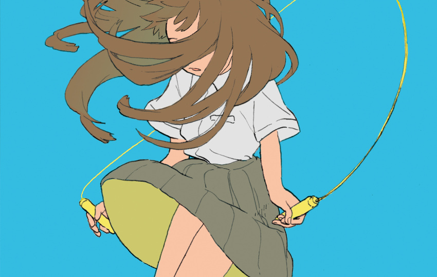 bare_legs blue_background brown_hair brown_skirt collared_shirt commentary_request covered_eyes female highres jump_rope long_hair open_mouth original pleated_skirt school_uniform shiki_haru shirt short_sleeves simple_background skirt solo white_shirt wind wind_lift