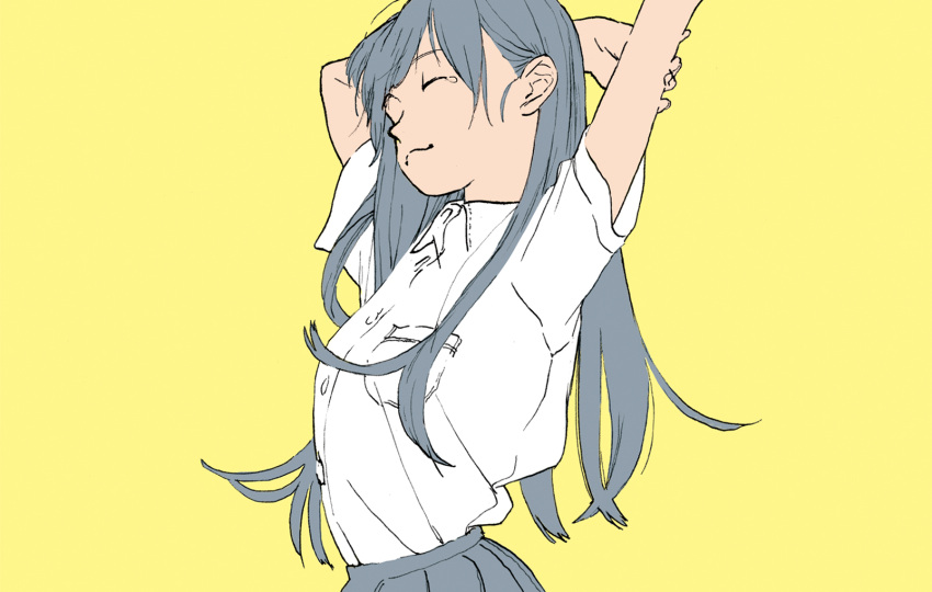 arm_behind_head arms_up closed_eyes closed_mouth collared_shirt commentary_request female grey_hair grey_skirt highres long_hair original pleated_skirt school_uniform shiki_haru shirt shirt_tucked_in short_sleeves simple_background skirt smile solo stretching tearing_up upper_body white_shirt yellow_background