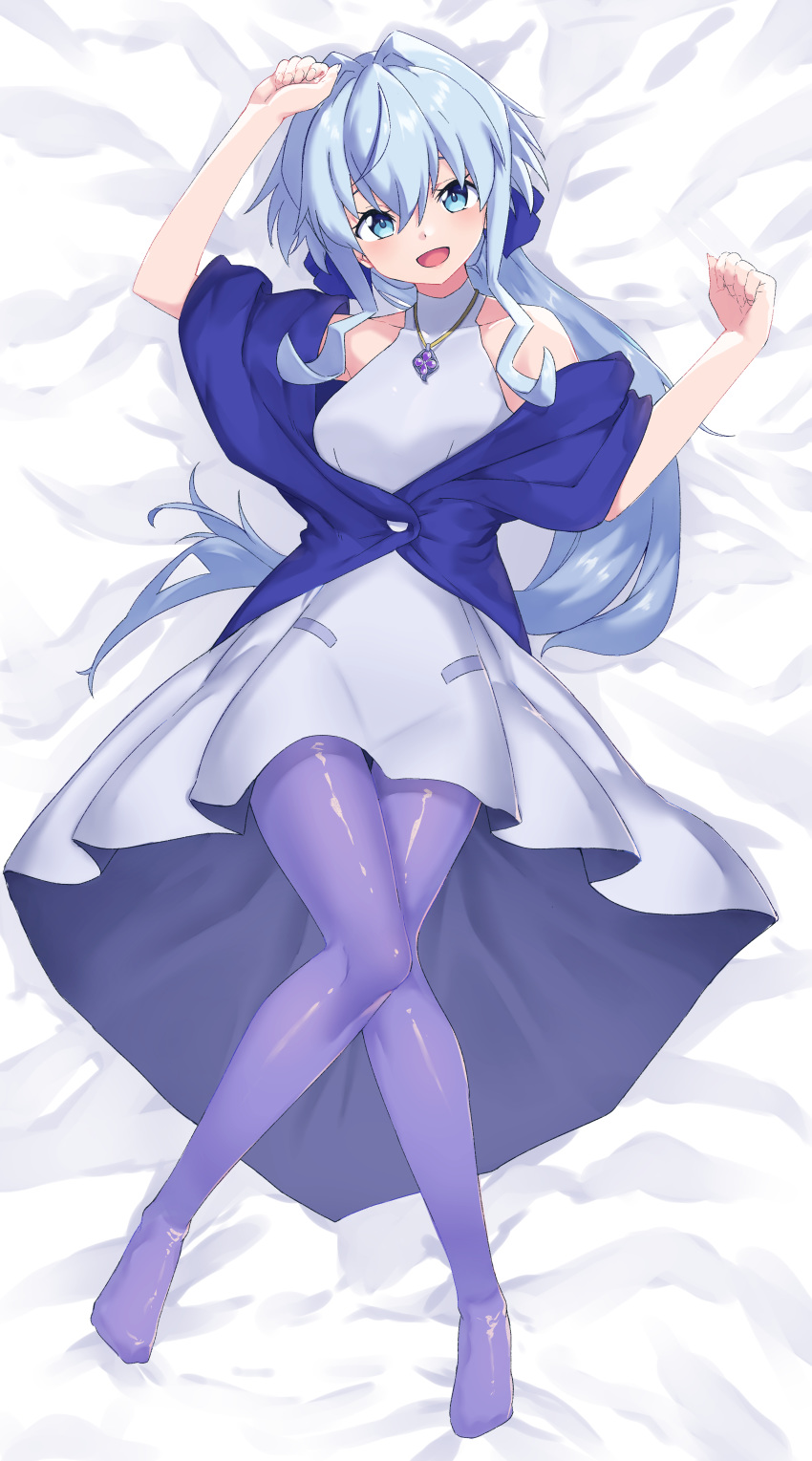 absurdres blue_eyes blue_hair breasts clenched_hands dakimakura_(medium) dress female gundam gundam_build_divers gundam_build_divers_re:rise highres looking_at_viewer lying medium_breasts on_back open_mouth pantyhose sara_(gundam_build_divers) shinwota solo white_dress