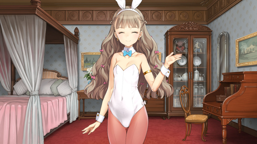 animal_ears armlet bare_shoulders bed blush bow bowtie breasts bunny_day canopy_bed chair closed_eyes covered_navel cowboy_shot cupboard desk detached_collar earrings fake_animal_ears female florine_(machine_child) front-seamed_legwear hairband hairbow highres indoors jewelry leotard light_brown_hair long_hair machine_child mirror oyari_ashito painting_(object) pantyhose pillow playboy_bunny rabbit_ears seamed_legwear small_breasts smile solo strapless strapless_leotard thigh_gap wavy_hair white_leotard wrist_cuffs