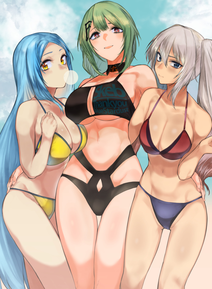 3girls alternate_costume arm_up bare_shoulders bikini black_bikini blue_eyes blue_hair blush breasts cleavage closed_mouth collarbone feet_out_of_frame girls'_frontline green_hair grey_hair hair_ornament hairclip highres kojima_(blue_stardust) large_breasts long_hair looking_at_viewer lwmmg_(girls'_frontline) m249_saw_(arctic_fox)_(girls'_frontline) m249_saw_(girls'_frontline) medium_breasts mk48_(girls'_frontline) multicolored_bikini multicolored_clothes multiple_girls navel open_mouth orange_eyes red_eyes simple_background smile standing swimsuit thank_you twintails very_long_hair yellow_bikini