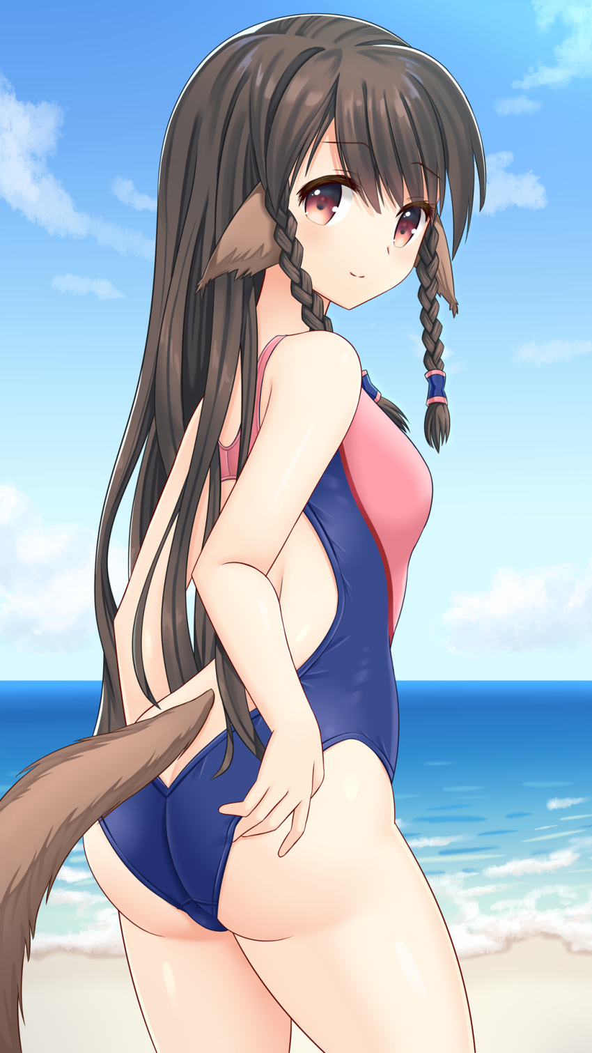 adjusting_clothes adjusting_swimsuit animal_ears ass back bare_arms beach blue_one-piece_swimsuit blue_sky braid brown_hair closed_mouth commentary_request competition_swimsuit cowboy_shot day eyes_visible_through_hair female from_behind hair_between_eyes hair_tubes highres light_blush long_hair looking_at_viewer ocean one-piece_swimsuit outdoors paid_reward_available red_eyes rulutieh sky smile solo split_mouth standing straight_hair swimsuit tail tamba_i tareme thighs twin_braids utawarerumono utawarerumono:_itsuwari_no_kamen very_long_hair