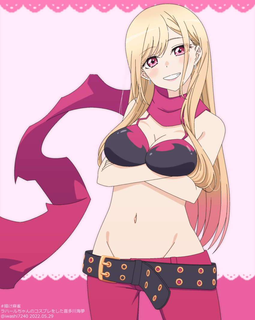 absurdres belt bikini bikini_top_only blonde_hair blush breasts cleavage cosplay dated disgaea disgaea_d2 female highres iwashi_(takkun4) kitagawa_marin laharl laharl-chan long_hair looking_at_viewer naked_scarf navel red_scarf scarf smile solo sono_bisque_doll_wa_koi_wo_suru swimsuit