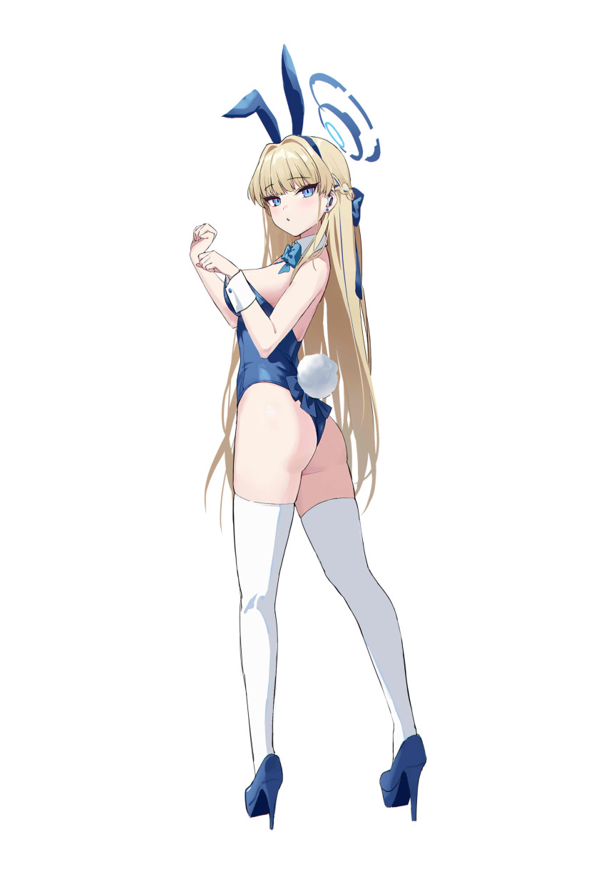 absurdres animal_ears ass banxuan_c2ka blonde_hair blue_archive blue_bow blue_bowtie blue_eyes blue_footwear blue_hair blue_halo blue_leotard blush bow bowtie braid breasts detached_collar fake_animal_ears fake_tail female full_body halo high_heels highres leotard long_hair medium_breasts multicolored_hair official_alternate_costume playboy_bunny rabbit_ears rabbit_tail simple_background solo strapless strapless_leotard streaked_hair tail thighhighs toki_(blue_archive) toki_(bunny)_(blue_archive) white_background white_thighhighs wrist_cuffs