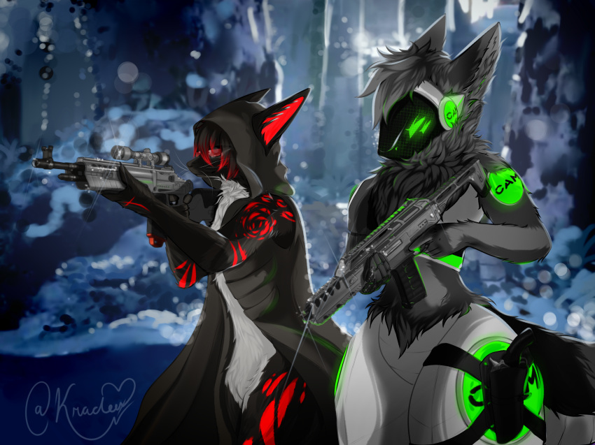 4_eyes anthro armor biped black_body black_fur black_hand black_hands body_hair breastplate c.a.m. calvin_james canid canine canis chest_fur chest_hair chest_tuft clothing coat cybernetic_arm cybernetic_hand cybernetic_limb cybernetics cyborg digital_drawing_(artwork) digital_media_(artwork) digitigrade duo fingers fluffy fluffy_ears fluffy_hair fluffy_neck_fur fluffy_tail fox fur glowing glowing_body glowing_eyes green_body green_eyes grey_body grey_fur grey_hair gun hair hi_res jackal kradee machine male mammal metal metallic_body military multi_eye neck_tuft prosthetic prosthetic_arm prosthetic_hand prosthetic_limb protogen protogen_armor protogen_face protogen_visor protogenized ranged_weapon red_body red_fur robotic robotic_arm robotic_hand robotic_limb screen screen_face smile snow soldier special_forces tail tail_tuft topwear trenchcoat tuft warrior weapon yuri_chacal