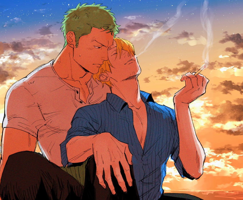 2boys beard black_eyes blonde_hair blowing_smoke blue_sky cigarette cloud colored_skin curly_eyebrows facial_hair flustered green_hair haramaki highres holding holding_cigarette kzwtr8 leaning_on_person looking_at_another male_focus mature_male multiple_boys one_piece orange_sky pectoral_cleavage pectorals roronoa_zoro sanji_(one_piece) shirt sitting sky tan thick_arms white_shirt white_skin yaoi