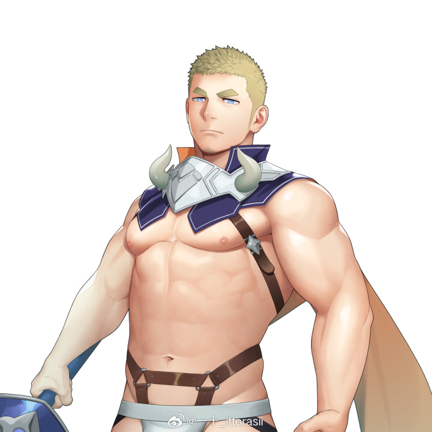 1boy abs bara blonde_hair blue_eyes closed_mouth delafere_(gyee) gyee holding holding_weapon itto_(mentaiko) large_pectorals looking_at_viewer male_focus male_underwear muscular muscular_male navel nipples pectorals short_hair simple_background solo underwear weapon weibo_logo weibo_watermark white_background white_male_underwear