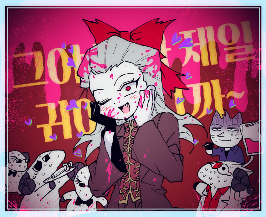 5boys :t ahoge akagi:_yami_ni_oritatta_tensai akagi_shigeru animal_ears black_bow black_bowtie black_gloves blood bow bowtie cat_boy cat_ears cigarette closed_mouth commentary_request female fukumoto_mahjong furrification furry furry_male genderswap_(mtf) gloom_(expression) gloves gold_trim grey_hair grey_jacket hair_slicked_back hands_on_own_cheeks hands_on_own_face highres hirayama_yukio holding holding_cigarette holding_tray horns iv_stand jacket korean_commentary korean_text long_hair long_sleeves looking_at_viewer mandarin_collar multiple_boys ninjin_(ninjin20417113) oerba_yun_fang one_eye_closed open_mouth pink_blood pointy_nose red_shirt rule_63 sheep_boy sheep_horns shirt single_glove smile sunglasses syringe tray upper_body vocaloid wagamama_hime_(vocaloid) washizu_iwao whiskers