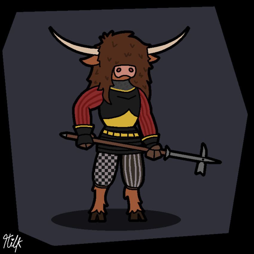 1:1 absurd_res anthro armor black_clothing bottomwear bovid bovine brown_body brown_ears brown_fur brown_hair brown_hooves cattle chainmail clothing cuirass digital_drawing_(artwork) digital_media_(artwork) female fur grey_clothing hair hi_res highland_cattle holding_object holding_weapon hooves horn huge_hair legwear long_horn mammal milchritter monika_milchritter_(milchritter) polehammer red_clothing signature solo tan_horn topwear weapon yellow_clothing