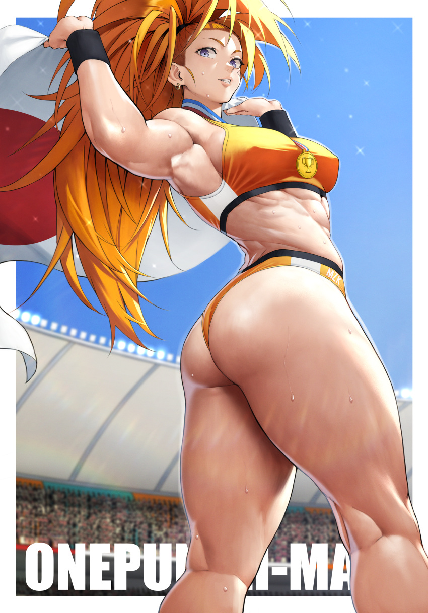 abs absurdres armpits ass bare_shoulders big_hair blue_eyes blue_sky blurry blurry_background breasts captain_mizuki commentary crowd day female flag grin highres holding holding_flag kneepits large_breasts long_hair looking_at_viewer looking_back medal muscular muscular_female one-punch_man outdoors ponytail sky smile solo_focus sports_bra standing sweat sweatband thick_thighs thighs yoshio_(55level)