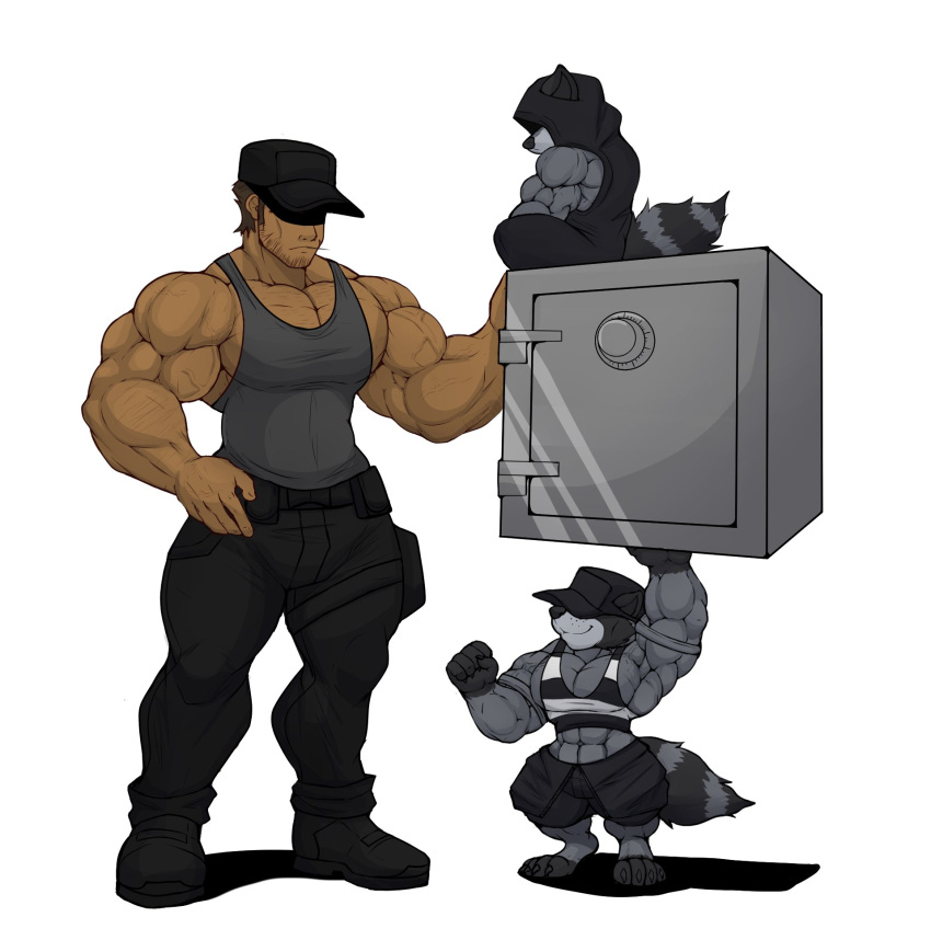 abs anthro biceps big_muscles clothing group hat hat_over_eyes headgear headwear hi_res human kheel male mammal manly muscular muscular_male pecs procyonid raccoon safe_(container) shirt simple_background size_difference tank_top tight_clothing topwear white_background