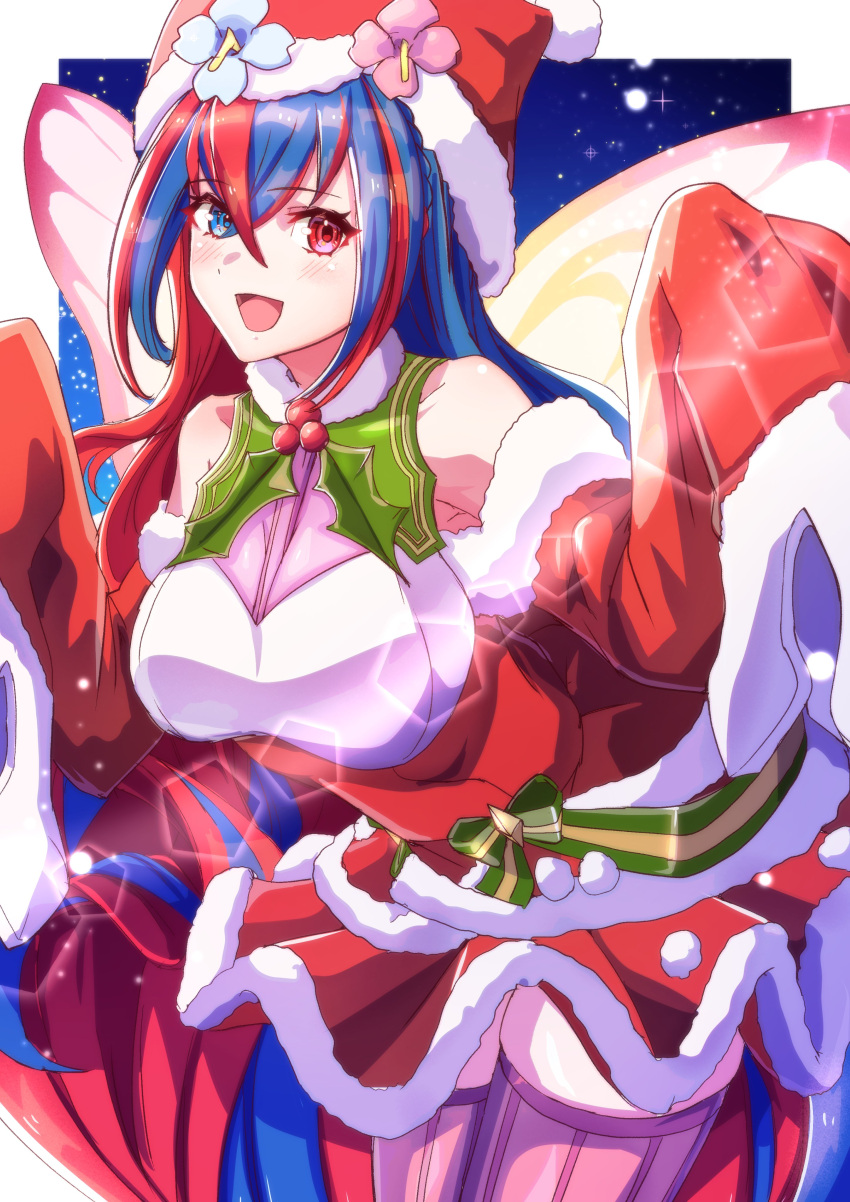 absurdres alear_(female)_(fire_emblem) alear_(fire_emblem) alternate_costume blue_hair braid breasts christmas cosplay crossed_bangs crown_braid female fire_emblem fire_emblem_engage fire_emblem_heroes heterochromia highres long_hair mirabilis_(fire_emblem) mirabilis_(fire_emblem)_(cosplay) mirabilis_(winter)_(fire_emblem) multicolored_hair open_mouth red_hair solo split-color_hair to_(tototo_tk) two-tone_hair very_long_hair