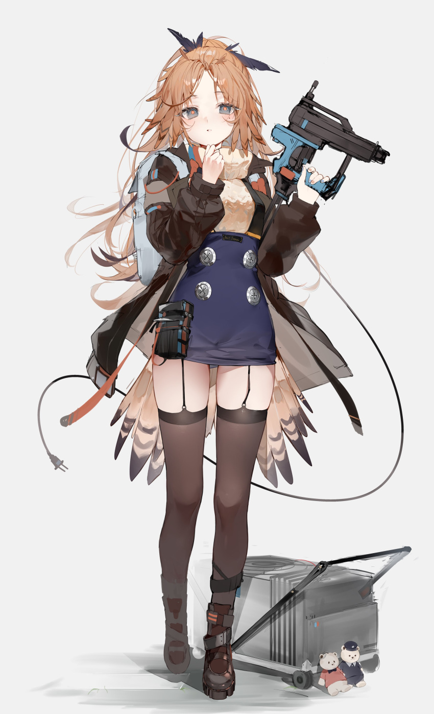 absurdres arknights bag black_eyes black_footwear black_thighhighs blue_skirt blush boots breasts brown_hair female full_body garter_straps gun highres holding holding_weapon jacket long_hair long_sleeves looking_at_viewer medium_breasts nail_gun open_clothes open_jacket pinecone_(arknights) red_pupils simple_background skirt solo standing suashi thighhighs turtleneck weapon white_background