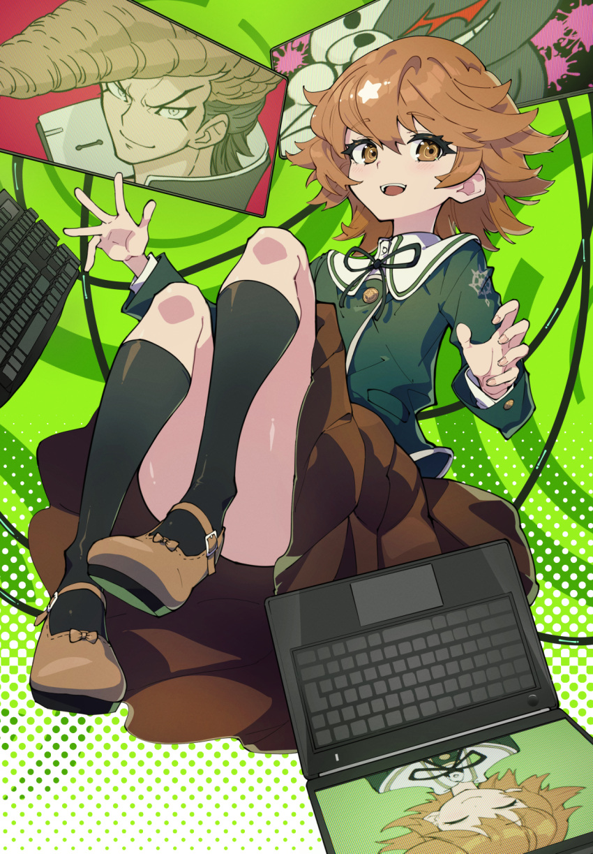 1boy alter_ego_(danganronpa) brown_eyes brown_hair computer danganronpa:_trigger_happy_havoc danganronpa_(series) fujisaki_chihiro green_shirt hair_between_eyes highres laptop monokuma neck_ribbon open_mouth otoko_no_ko owada_mondo ribbon school_uniform shirt short_hair smile ushiki_yoshitaka