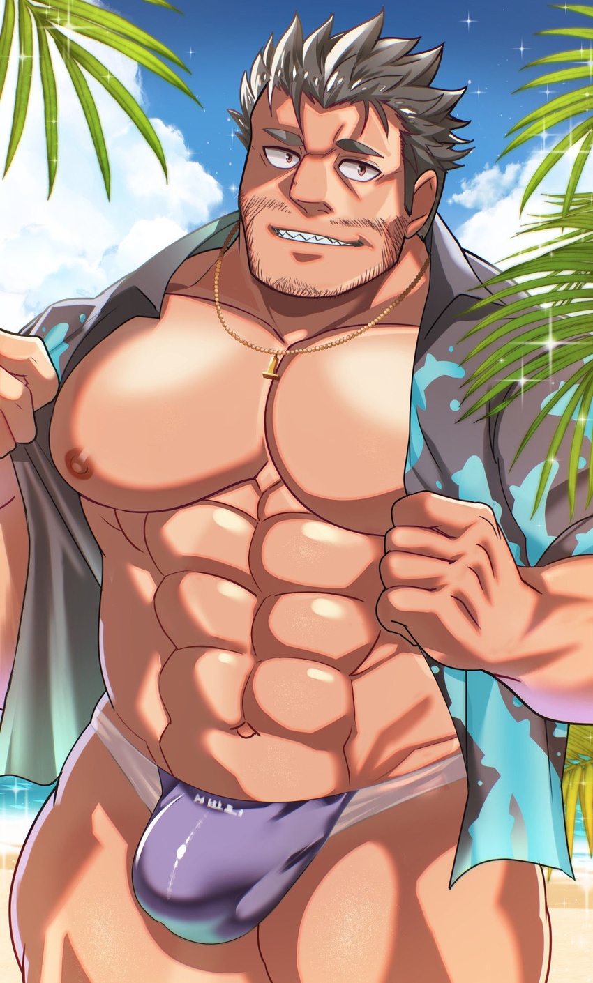 1boy abs bara bare_pectorals beach beard black_hair brown_eyes bulge collarbone dagon_(housamo) dark-skinned_male dark_skin facial_hair grin hawaiian_shirt highres jewelry large_pectorals long_sideburns looking_at_viewer male_focus male_swimwear mature_male muscular muscular_male necklace nipples official_alternate_costume pectorals ramusyutarou sharp_teeth shirt short_hair sideburns smile solo sparkle stubble swim_briefs teeth tentacle tokyo_afterschool_summoners