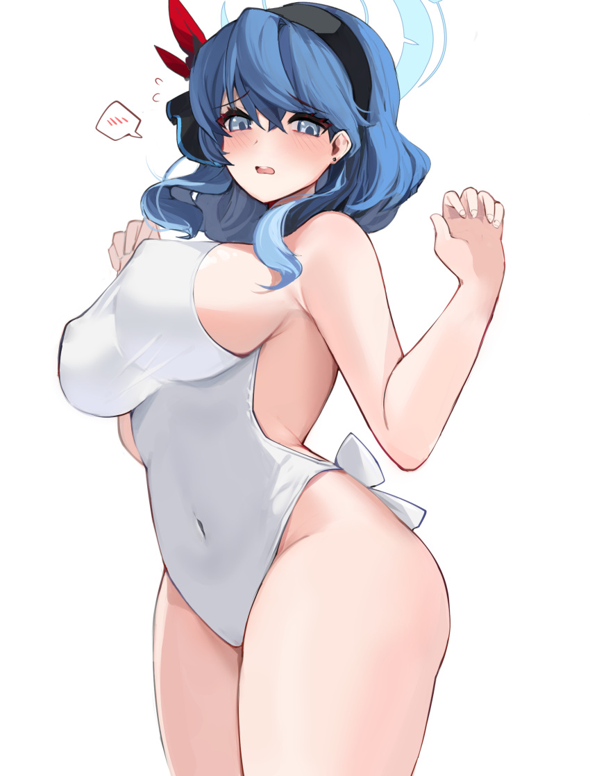 absurdres ako_(blue_archive) aqua_halo bad_id bad_pixiv_id black_hairband blue_archive blue_eyes blue_hair blue_halo breasts cowboy_shot crescent_halo female flying_sweatdrops hair_between_eyes hairband halo highres large_breasts leotard long_hair mindoll open_mouth sideboob simple_background solo spoken_blush white_background white_leotard