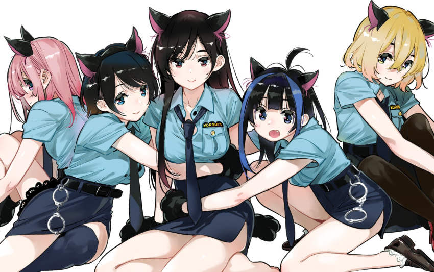 5girls ahoge alternate_costume animal_ears animal_hands black_eyes black_footwear black_hair black_necktie black_pantyhose black_thighhighs blonde_hair blue_eyes blue_hair blue_shirt blue_skirt breasts cat_ears cat_girl closed_mouth commentary_request cuffs double-parted_bangs from_behind gloves hair_between_eyes handcuffs highres hug kanojo_okarishimasu knees_up long_hair looking_at_viewer miniskirt miyajima_reiji mizuhara_chizuru multicolored_hair multiple_girls multiple_views nanami_mami necktie oerba_yun_fang official_art open_mouth pantyhose paw_gloves pencil_skirt pink_hair police police_uniform policewoman sakurasawa_sumi sarashina_ruka shirt shirt_tucked_in short_hair side_slit simple_background single_thighhigh sitting skirt streaked_hair thighhighs uniform white_background yaemori_mini yellow_eyes