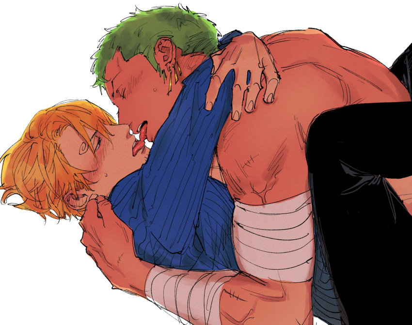 2boys bandaged_arm bandages black_pants blonde_hair blue_eyes closed_eyes colored_skin curly_eyebrows earrings flustered french_kiss green_hair half-closed_eyes highres hug jewelry kissing kzwtr8 male_focus mature_male multiple_boys one_piece pants roronoa_zoro sanji_(one_piece) shirt simple_background single_earring tan teeth tongue topless_male upper_teeth_only white_background white_skin yaoi